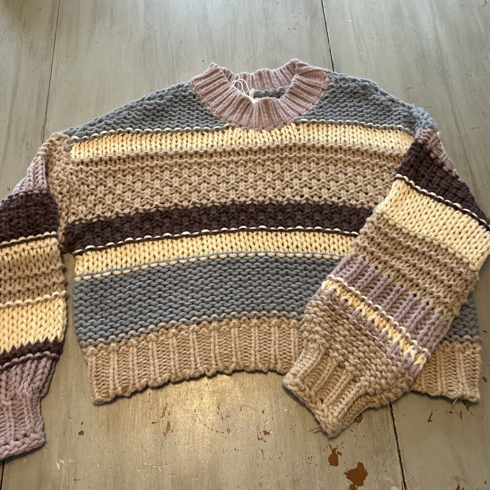 NWT Baevely Chunky Knit Cropped Mock Neck Sweater Sz L Tan Purple Blue